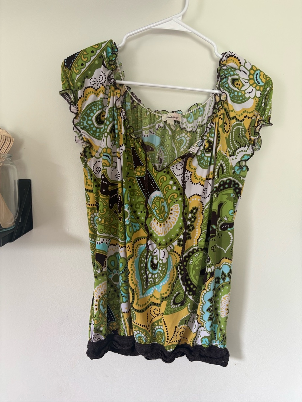Reckless XL Green Paisley Y2K Boho Ruffle Top